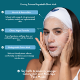 Woman wearing an Evening Primrose Biodegradable Sheet Mask with product features highlighted on a blue background.